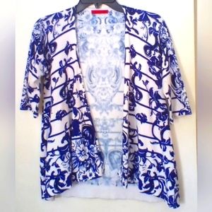 Woman's Short Sleeves Open Front Cover Up Blouse Top-Blue/Floral Print- Size S/M